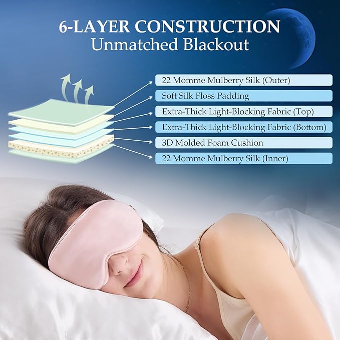 100% 22 Momme Mulberry Silk Sleep Mask with Adjustable Strap, 3D Contoured Cup Silk Eye Mask for Sleeping, Total Black Out, Pink - Bloomnest