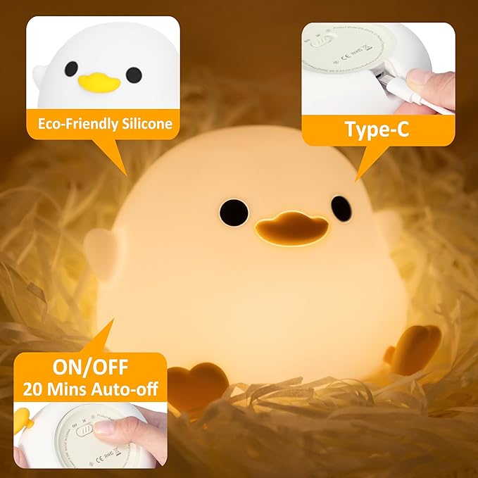 Attivolife DoDo Duck Night Light, Animal Silicone Nursery Lamp with Dimmable, Table Bedside Lamp with Timer for Bedroom, Kawaii LED Squishy Night Light Decor Gifts - Bloomnest