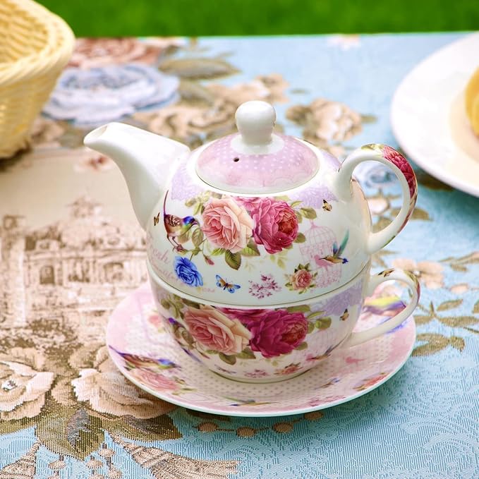 ONEUSTAR Tea for One Set Ceramic Floral Teapot and Cup Saucer Set for Women Mother's Day Birthday Gift in Reusable Handmade Gift Box, Pink - Bloomnest
