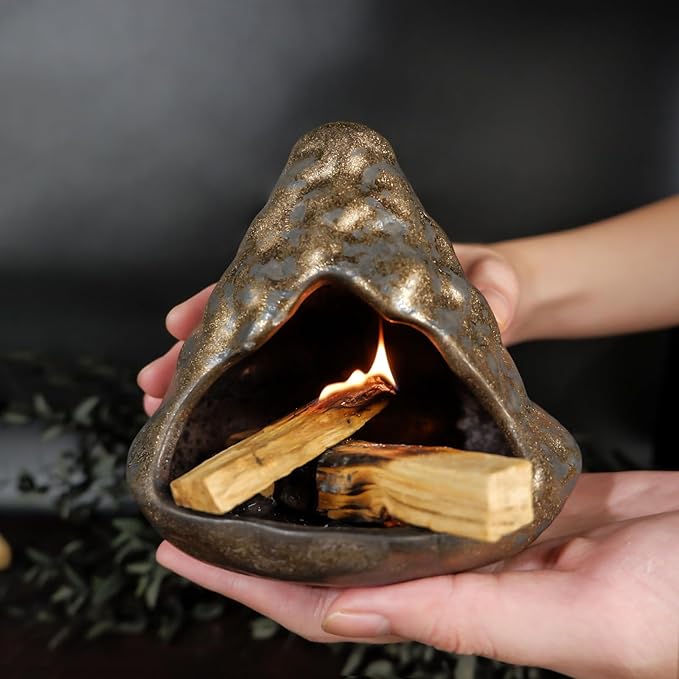 Black Gold Palo Santo Incense Burner-Unique Zongzi-Shaped Clay Smudge Bowl for Sage,Copal, and Stick Incense-Mini Chiminea for Zen Meditation,Yoga,Altar,Aromatherapy & Energy Cleansing Decor MOUGIGI