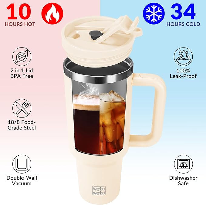 WETOWETO 40oz Tumbler with Handle | Insulated Stainless Steel Travel Mug | 34Hrs Cold & 10Hrs Hot Retention | 100% Leakproof Lid & Straw | Dishwasher Safe + Car Cup Holder Fit (Cream Color) - Bloomnest