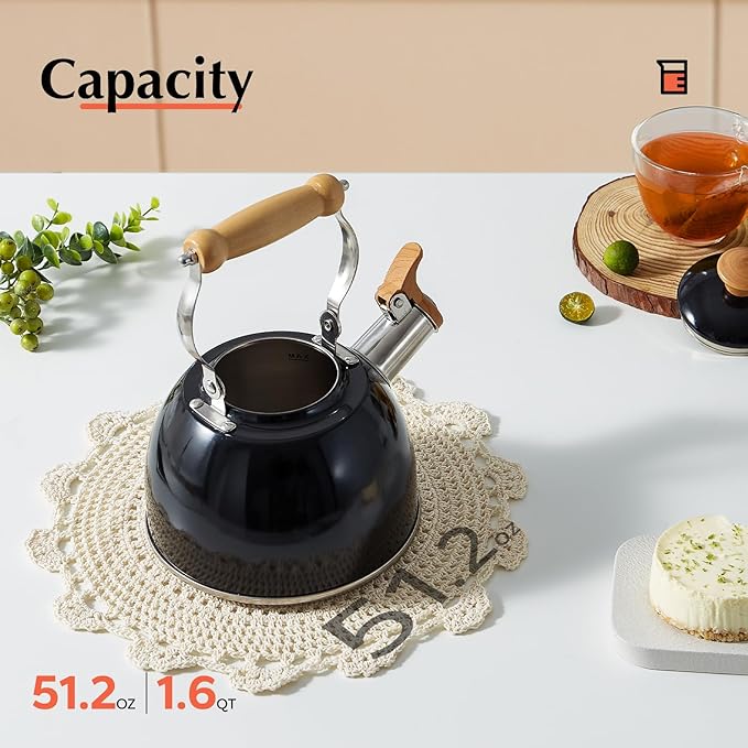 ROCKURWOK Tea Kettle, Tea Pot with Cool Touch Ergonomic Handle, Teapot Food Grade Stainless Steel, Tea Kettle Stovetop, Kettle Teapot, Whistling Tea Kettle, Small Tea Pot, 1.6 Quart (Black) - Bloomnest