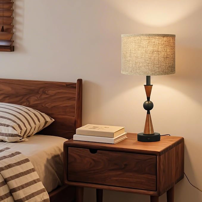 23'' Modern Table Lamps Set of 2 - Farmhouse Bedside Lamps for Bedroom with USB A+C, Wooden Lamps for Night Stands, Lamp for Living Room End Tables - Bloomnest