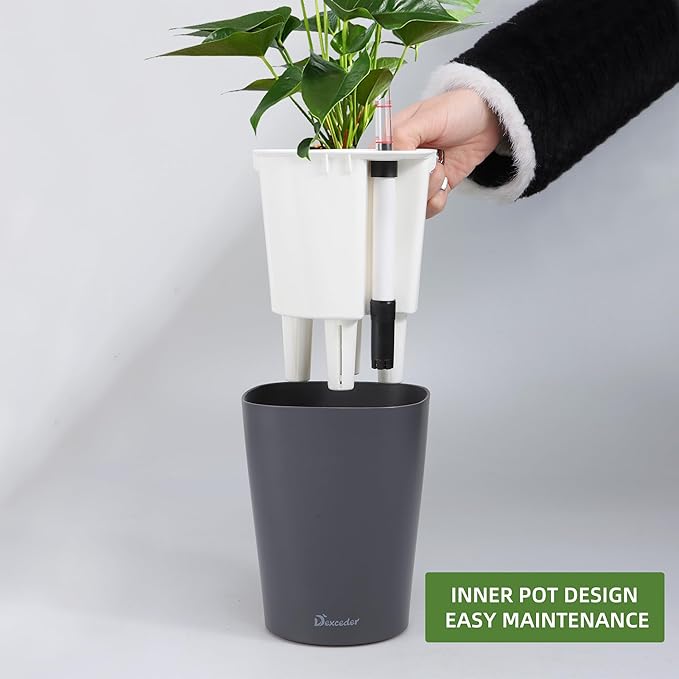 Dexceder 6x7 Self Watering Planter Indoor Outdoor, Matte Table Flower Plant Pot with Water Level Indicator (Slate Gray) - Bloomnest