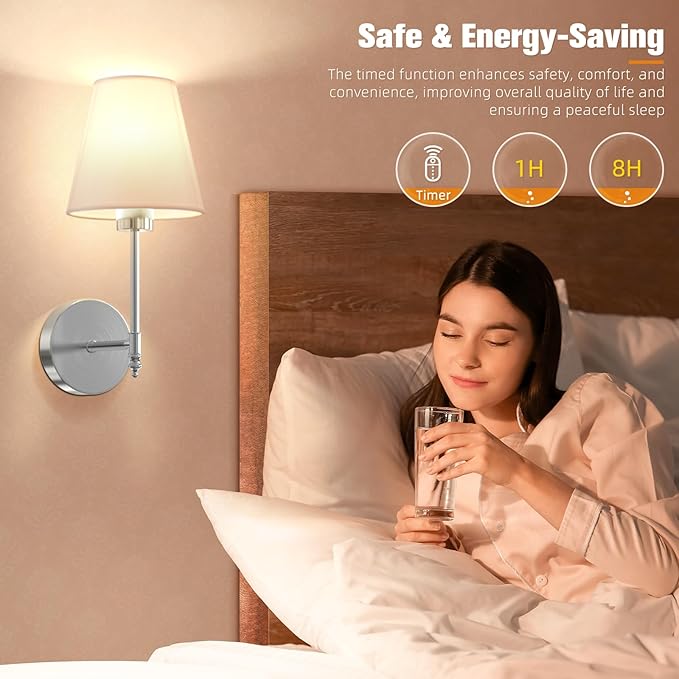 NIORSUN 14.5 inch Battery Operated Wall Sconce Set of 2,Brushed Nickel Rechargeable Wall Lights with 5200mAh Dimmable Bulbs and Remote,9 Colors Wireless Sconces for Bedroom Living Room Decor - Bloomnest
