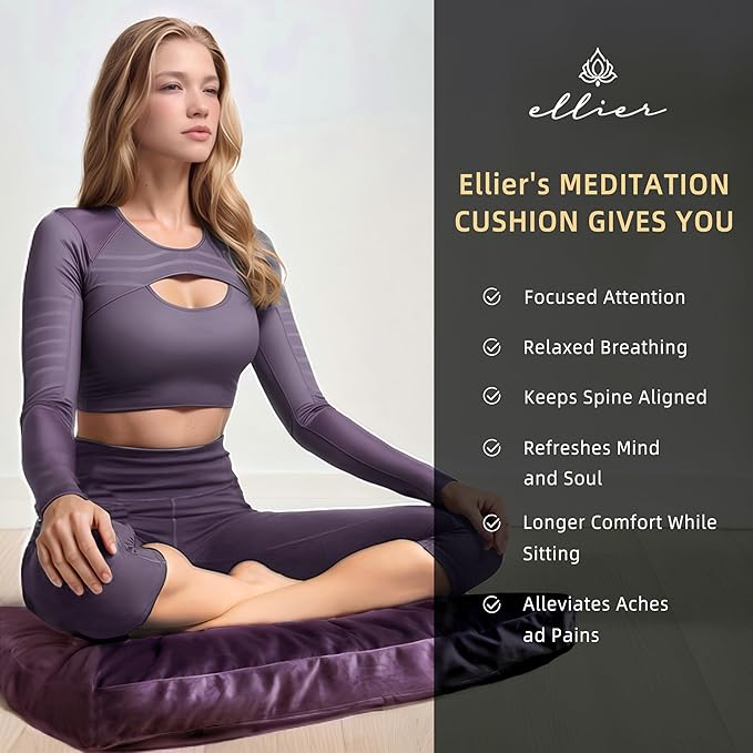 Zafu & Zabuton Meditation Cushion Set - Buckwheat Hull & Memory Foam Pillows, Ergonomic Support for Yoga, Mindfulness - Organic Velvet Cover, Large Size, Durable Comfort (Purple) - Bloomnest