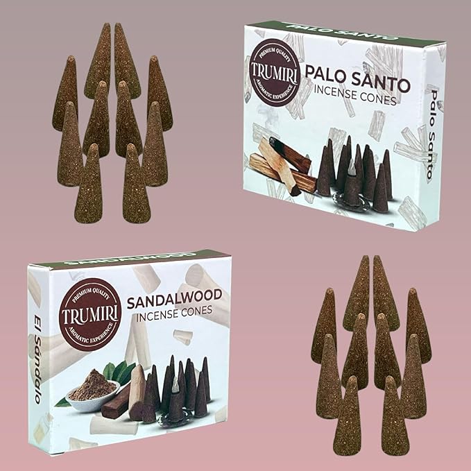 TRUMIRI Incense Cones - Combo Pack of 20 Cone Incense - 10 Palo Santo + 10 Sandalwood - Insence Cones - Incense Cones Scented - Cone Incense Scents - Insense Cones - Incent Cone TRUMIRI