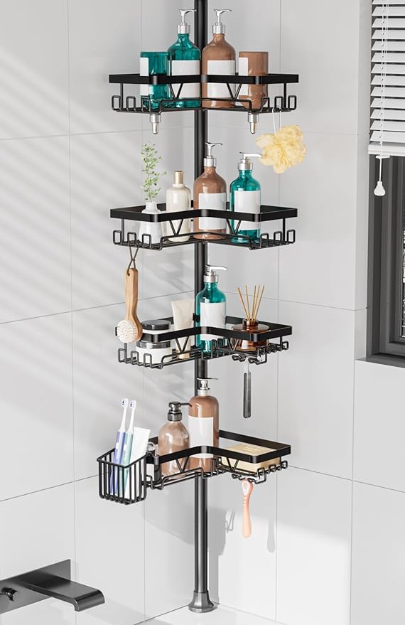 KEGII Shower Caddy Corner Tension Pole with Toothbrush Holder - Adjustable Corner Shower Organizer with Tooth Brush Holder, No Drilling Rustproof Bathroom Shelf Storage Rack, Fits 25-114.2 Inch - Bloomnest