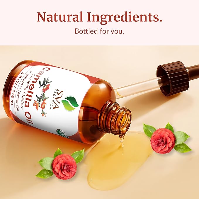 SVA Camellia Seed Oil Organic - 4 Fl Oz – 100% Natural Cold Pressed Organic Camellia Oil - for Face, Skin Care, Hair Care, Scalp Massage & Body Massage – Carrier Oil with Dropper - Bloomnest