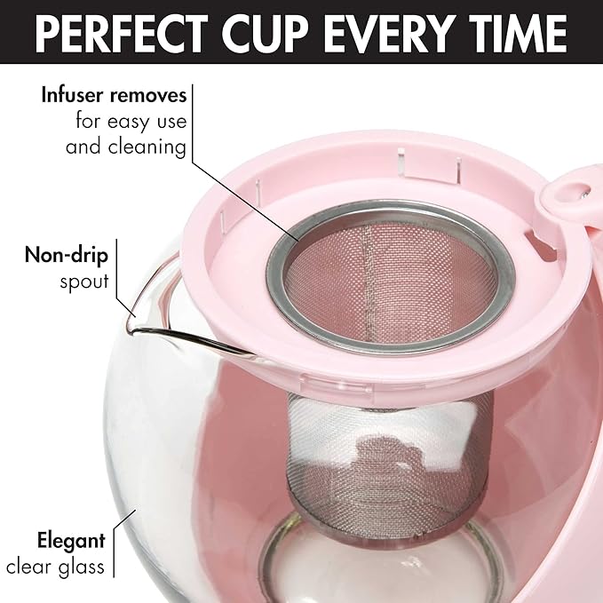 Primula Half Moon Teapot with Removable Infuser, Glass Tea Maker with Reusable Fine Mesh Stainless Steel Filter, Dishwasher Safe, 40-Ounce, Pink