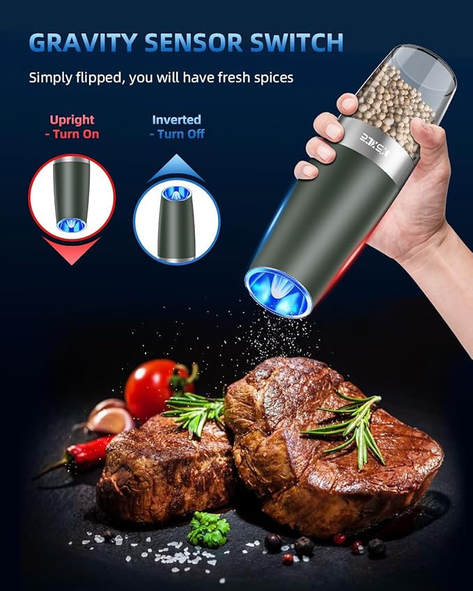 XinXu Gravity Electric Pepper and Salt Grinder Set, Adjustable Coarseness, Battery Powered with LED Light, One Hand Automatic Operation, Dark Green - 2 Pack - Bloomnest
