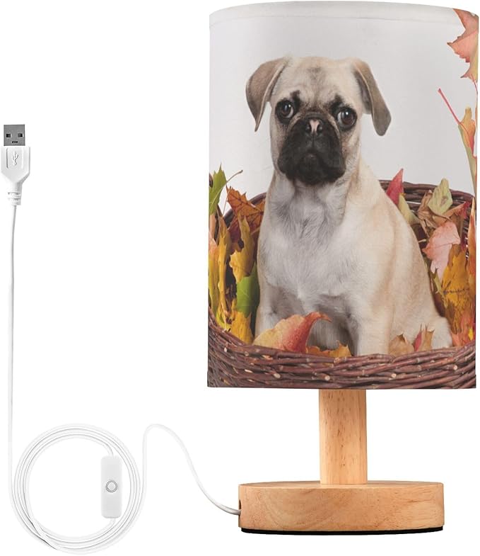Table Lamp Pug Puppy Autumn Maple Leaf Nightstand Lamp with Wood Base Fabric Lamp Shade Bedside Desk Lamp for Living Room Bedroom Kids Room Office - Bloomnest