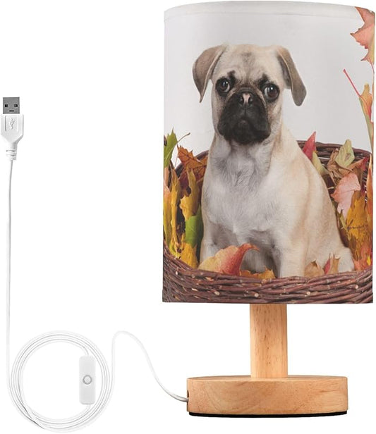 Table Lamp Pug Puppy Autumn Maple Leaf Nightstand Lamp with Wood Base Fabric Lamp Shade Bedside Desk Lamp for Living Room Bedroom Kids Room Office - Bloomnest