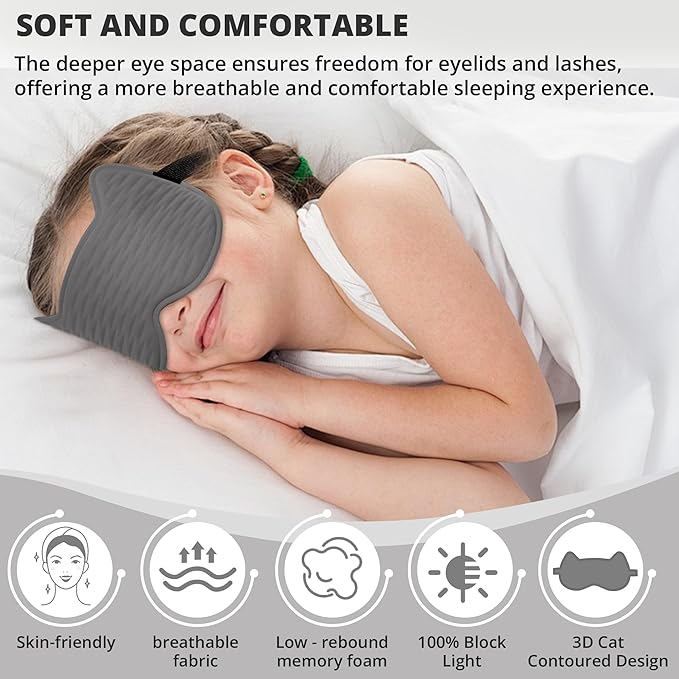 3D Kids Sleep Eye Mask: 3D Contoured Cup Sleeping Masks, Blindfold Sleep Eye Cover with Adjustable Strap, Memory Foam Lightweight Night Eyeshade for Boys Girls Teens (Gray) - Bloomnest