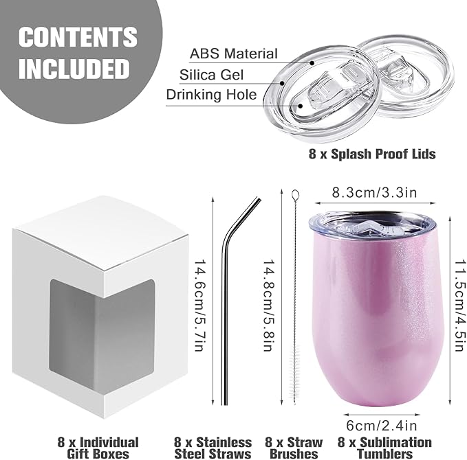 BetterSub 8 Pack 12oz Glitter Pink Wine Tumblers - Double Wall Insulated Sublimation Blanks, Stainless Steel Cups With Lid, Metal Straw, Brush, Display Box - Bloomnest