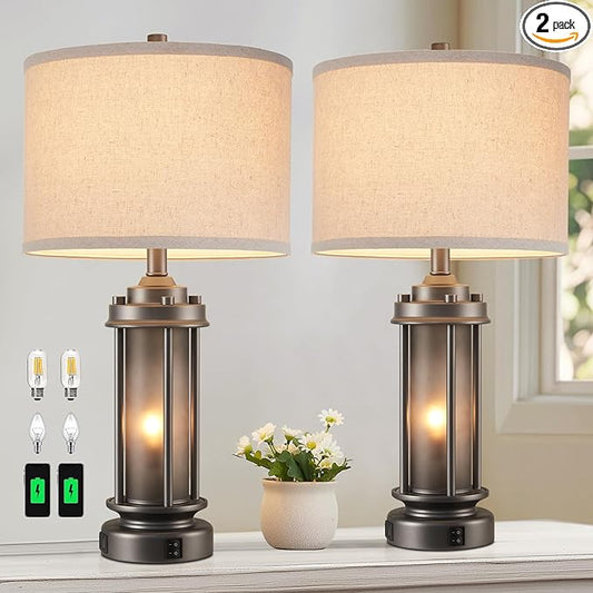 Industrial Metal Table Lamps Set of 2 Living Room Bedroom, 2 USB Ports Bedside Lamp with Glass Nightlight, Modern Desk Lamp for Entryway Office End Table, 4 Bulbs Included - Bloomnest