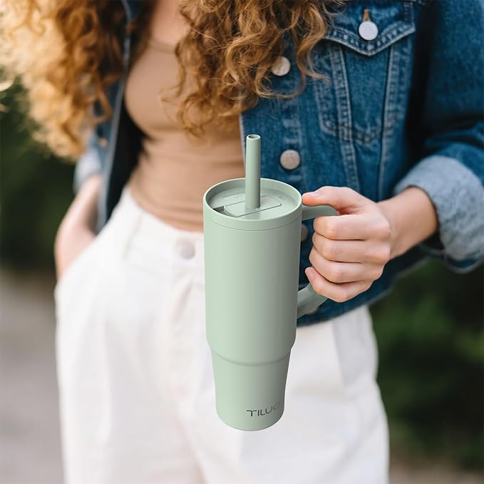 TILUCK 30 oz Tumbler with Handle, Vacuum Insulated Stainless Steel Travel Mug with 100% Leak-Proof Silicone Straw Lid, Cupholder Friendly Water Bottle(MintGreen, 30oz)