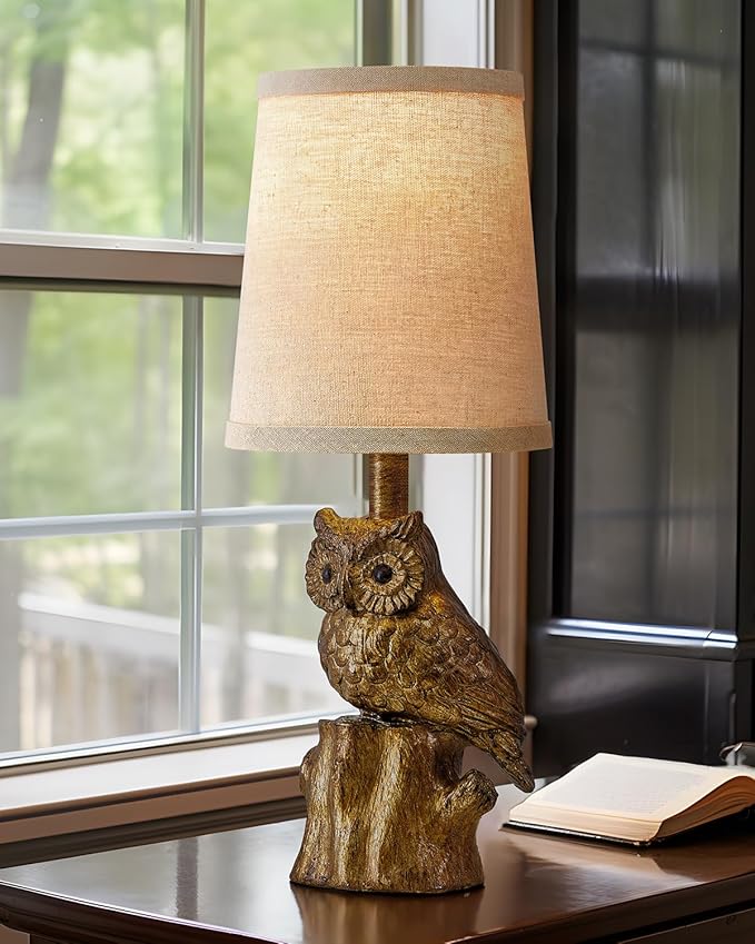 14.25" Small Table Lamp for Living Room Farmhouse Bedside Resin Single Lamp with Gold Owl Lamp Shape for Bedroom Retro Rustic Nightstand Lamp - Bloomnest