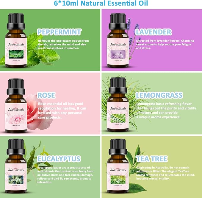 Oil Diffuser & Essential Oils Set - Oil Diffuser 150ml with 6 Essential Oils Set, Aromatherapy Cool Mist Oil Diffusers for Essential Oils, Auto Shut-Off，7 Colors Night Light,Gifts for Mom - Bloomnest