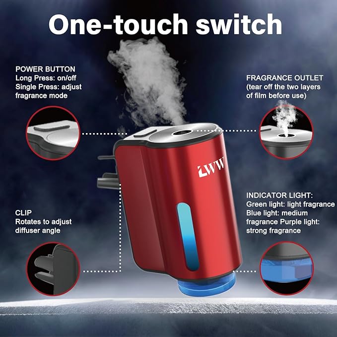 Car Air Freshener - Smart Adjustable 3-Speed Intensity, Rechargeable Humidifier Car Essential Oil Diffuser - Comes with 8 Bottles of 10ml Perfume (Red) - Bloomnest