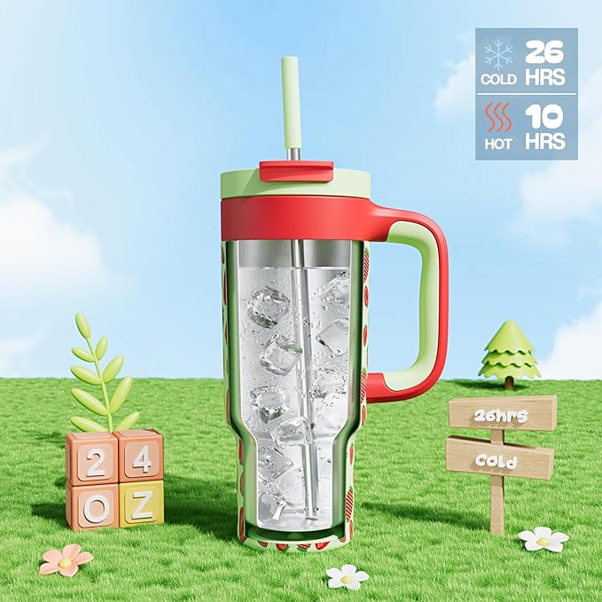 24 oz Metal Tumbler Cup for Girls: Easy Grip Handle, Leak-Proof when Sealed, Easy to Clean, Double Wall Vacuum Cup for Home, School, Daycare, Party, Picnic, Hiking, Travel, Gift (Strawberry Pop) - Bloomnest