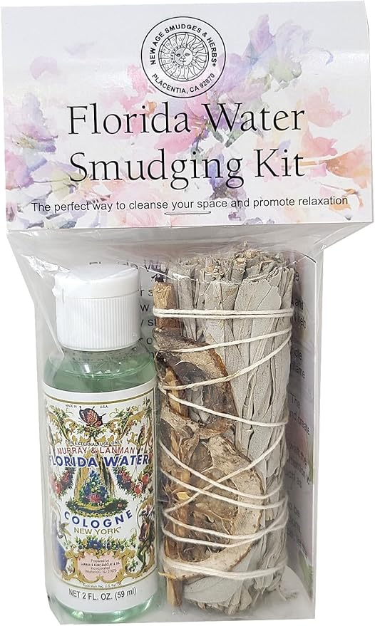 New Age Smudges & Herbs-White Sage Mix w/Lavender, Lemon Slice & Palo Santo Sage 4 inch Incense Smudge Bundle w/Florida Water 2oz Bottle- Cleansing Sage Incense & Water, Smudging Rituals. (FW-KIT-01) NewAgeImportsInc