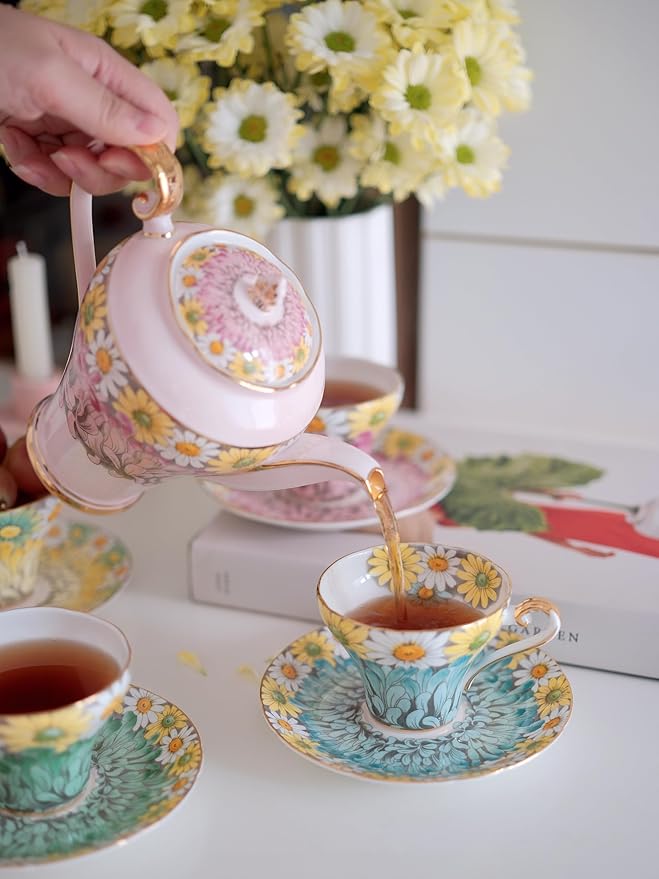 Aynsley Corset Daisy 9-Piece Tea Set with Pink Teapot & Fine Bone China Tea Cups and Saucer Set, English Floral Design with Gold Trim, Luxury Gift - Bloomnest