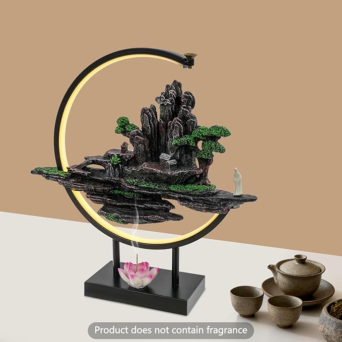 Gdrasuya10 Backflow Incense Burner with LED Light, Mountain Design Aromatherapy Diffuser with Adjustable Brightness, Electric Waterfall Incense Holder for Home Office Meditation Decor (Style 17) - Bloomnest