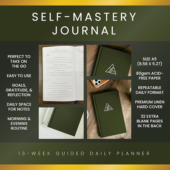 Self-Mastery Journal for Men - Gratitude Journal – 5 Minute Journals - Reflection Manifestation Journal for Mindfulness – Goal/Guided Gratitude Journel for Women & Men (Olive) - Bloomnest