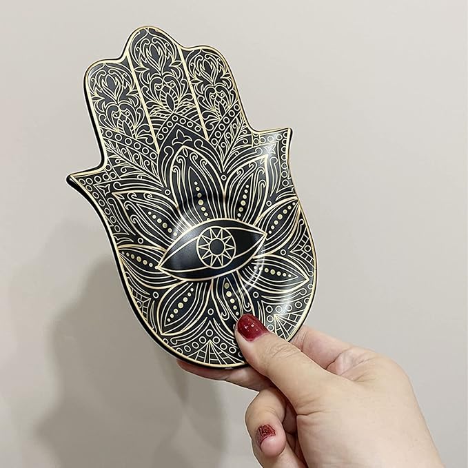 Ceramic Hamsa Hand Incense Holder - 2 in 1 Brass Incense Holder for Sticks and Coil Incense- Zen Decor with Hand of Fatima Design Protection from Evil - 6.2" L X 4.5" W (Black) - Bloomnest