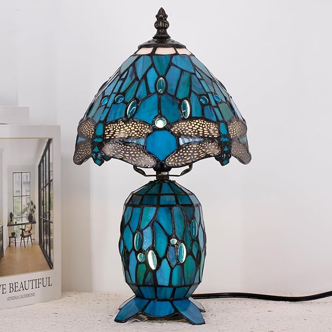 Small Tiffany Lamp Stained Glass Table Lamp Mini Mother Daughter Vase Desk Accent Light for Bedroom Bedside Reading Home Antique Style Decor 8X14 Inches (Green Dragonfly) - Bloomnest