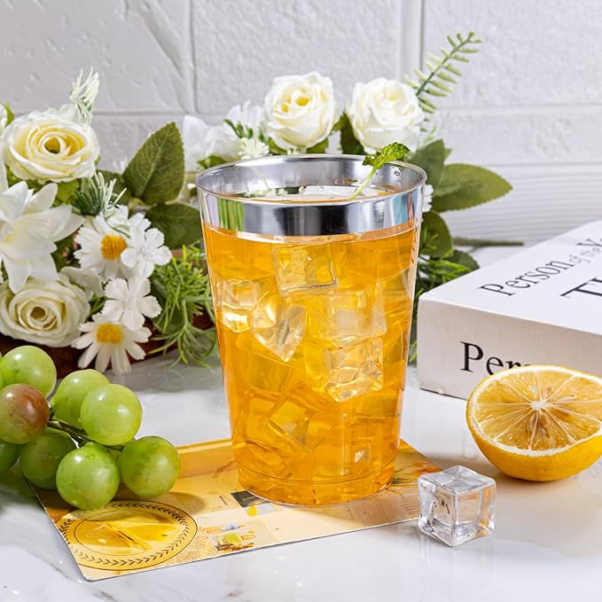 I00000 200 Pack 12 oz Silver Plastic Cups, Silver Rimmed Disposable Cups, Plastic Party Wine Glasses Cocktail Glasses Heavy Duty Cups with Silver Rim, 12 Ounce Tumblers For Party - Bloomnest