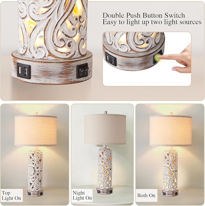 Set of 2 Rustic Farmhouse Table Lamps for Living Room Bedroom, Vintage Bedside Lamp with Dual USB Port, Antique White Resin Retro Nightstand Lamps with Night Light - Bloomnest