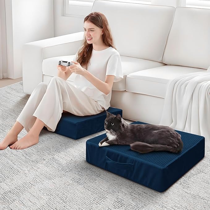 Large Floor Pillows for Adults, Thick Meditation Floor Cushions for Sitting Yoga, 22x22x5 Foam Seat Cushions Set of 2 for Furniture, Floor Pillow with Pleated Velvet Removable Cover, Navy