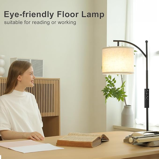 Ambimall 60" Floor Lamp with Remote Control and Stepless Dimmable Bulb, Colors Temperature & Brightness Adjustable, Modern Floor Lamps for Living Room（Beige Shade & Black Pole） - Bloomnest