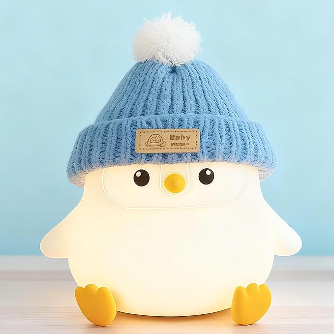 Penguin Lamp with Knit Hat,Kawaii Penguin Night Light,Food Grade Silicone,Dimmable Nursery Nightlight,LED Squishy Novelty Animal Lamp,Kids Room Decor,Funny Gifts for Kids Boys Girls Baby - Bloomnest