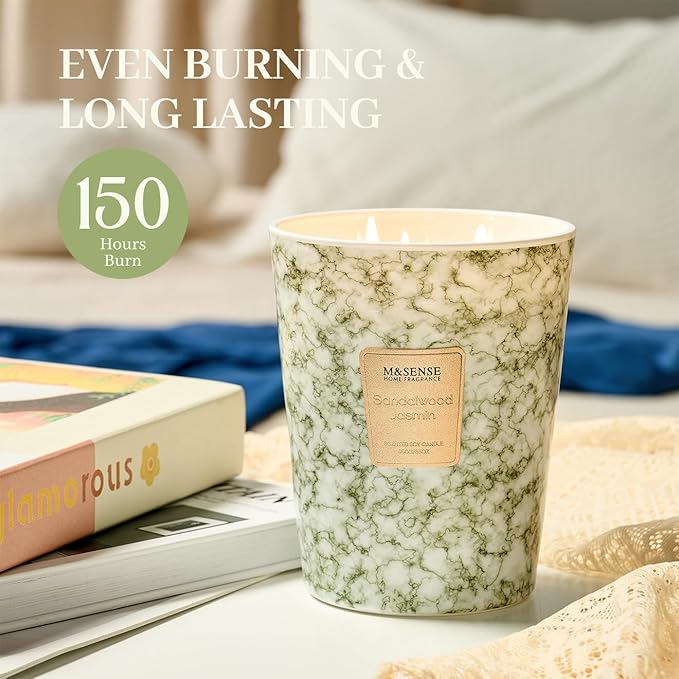 M&SENSE Sandalwood Jasmine Scented Candles for Home, 3-Wick Highly Scented Jar Candles, Extra Large Candle 35 Oz 150 Hours Long Lasting Burning, Relaxing Aromatherapy Candle for Stress Relief - Bloomnest