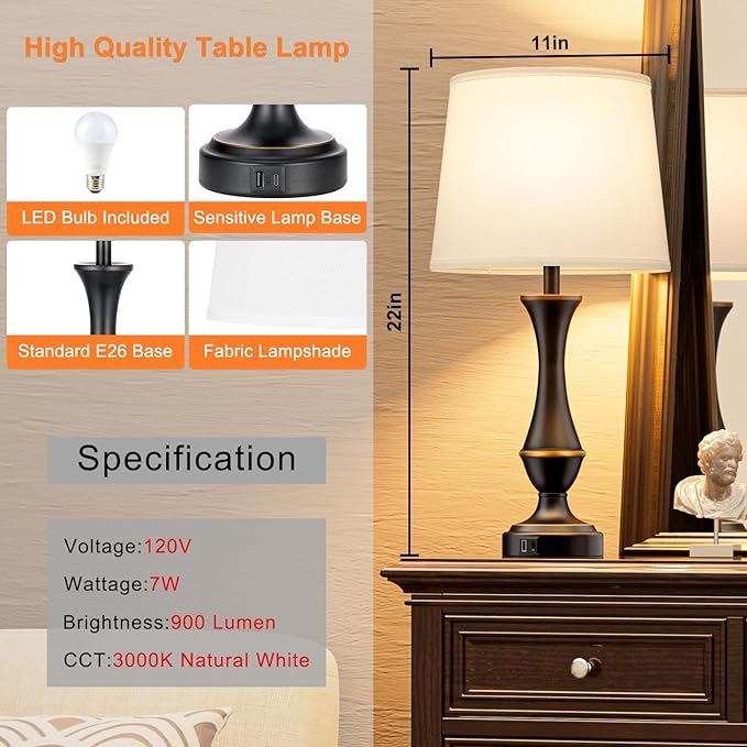 Seealle Upgraded Touch Lamps for Bedrooms Set of 2 - Nightstand Table Lamp with USB C+A, 3 Way Dimmable Lamps for Living Room, Office(White) - Bloomnest