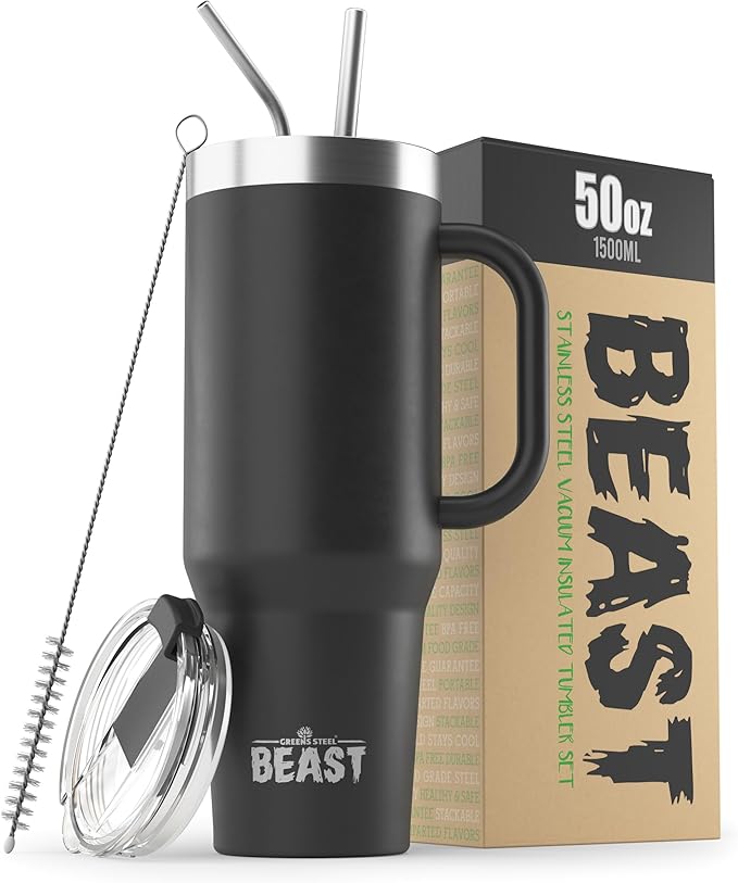 Beast 50 oz Tumbler Stainless Steel Vacuum Insulated Coffee Ice Cup Double Wall Travel Flask (Matt Black) - Bloomnest