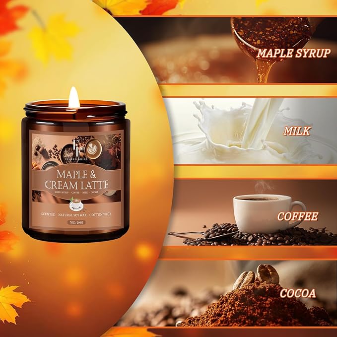 Fall Candle, Maple & Cream Latte Scented Candles for Home, Natural Soy Autumn Candle Aromatherapy Candle, 7 oz Jar Candles Fall Gifts for Women Men - Bloomnest