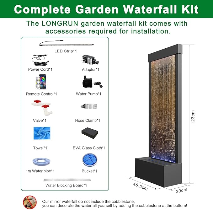 LONGRUN Indoor Water Fountain Mirror Waterfall Fountain with APP Controlled Multicolor LED Light, Floor Standing Fountains Kit, 48" Home Decor Large Freestanding Water Feature Waterfalls - Black Brown - Bloomnest
