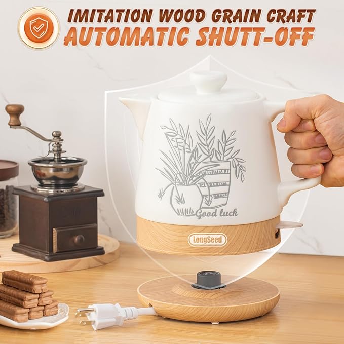 Ceramic Electric Kettle Pot 1 Liter, Teapot Rapid Boil For Coffee & Tea, Hot Water Boiler, Automatic Shut-Off, BPA-Free, Boil-Dry Protection, 1000W