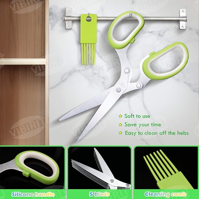 VlBlRlIT2025 Upgraded Herb Scissor,Leaf Stripper,Stainless Steel 5Blade Kitchen Scissors,Peelers for Kitchen,forChopping Chive,Vegetables,Salad,collard Greens,Parsley,Rosemary As Christmas gifts Green - Bloomnest