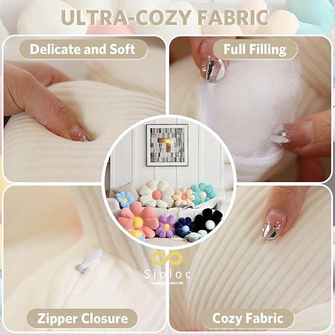 Sioloc Flower Pillow Shaped Throw Pillow Butt Cushion Floor Pillow,Seating Cushion,Cute Room Decor & Plush Pillow for Bedroom Sofa Chair(White,15.7'')