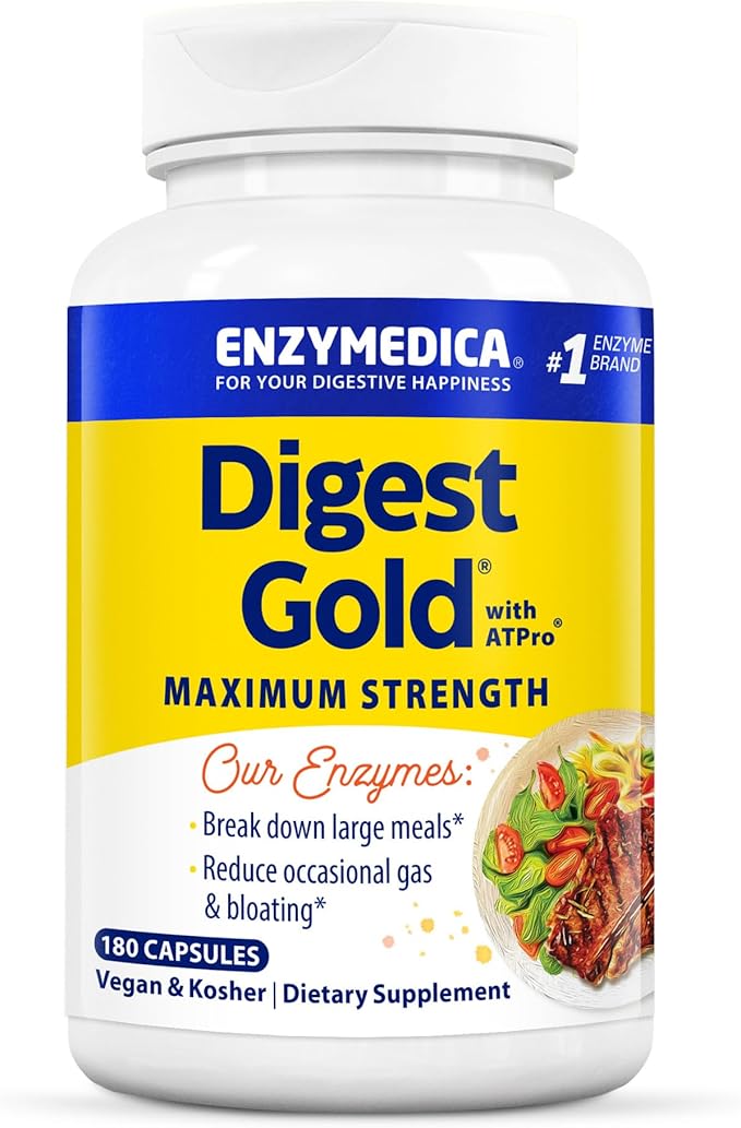 Enzymedica Digest Gold + ATPro, Maximum Strength Enzyme Formula, Prevents Bloating and Gas, 14 Key Enzymes Including Amylase, Protease, Lipase and Lactase, 180 Capsules - Bloomnest