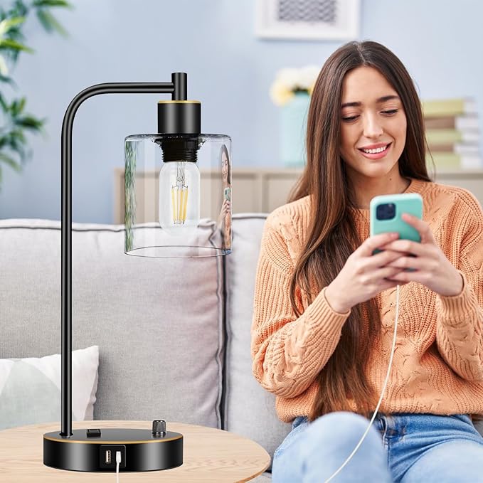 Set of 2 Black and Gold Industrial Table Lamps with USB Port, Fully Stepless Dimmable Bedside Lamps for bedrooms, Nightstand Desk Lamps with Clear Glass Shade for Reading Office 2 LED Bulb Included - Bloomnest