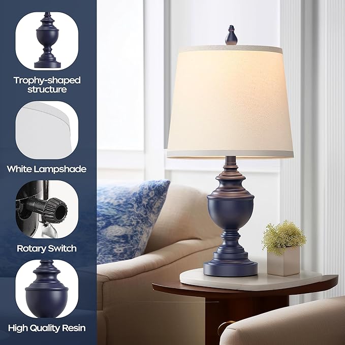 PARTPHONER Retro Table Lamps Set of 2, Bedside Lamp for Bedroom Rustic Farmhouse Table Lamps for Living Room, Vintage Nightstand Lamps with White Shades, Blue - Bloomnest
