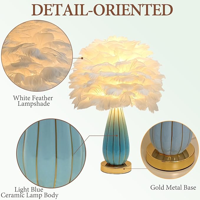Chic White Feather Lamp Creative Feather Bedside Lamp Princess Nightstand Table Lamp Deco Romantic Atmosphere Desk Light for Cute Girl Bedroom Wedding Gift Living Room Hotel Ceramic Body - Bloomnest