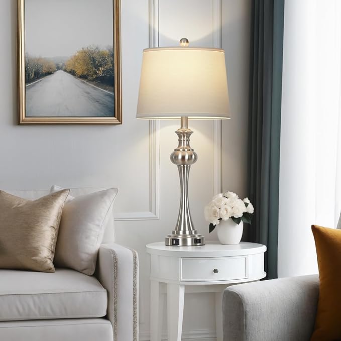 28.75" Silver Table Lamps for Living Room,Touch Lamps for Bedrooms Bedside Lamp 3-Way Dimmable Touch Control, Modern Silver Nightstand Lamp Fabric Shade Mid Century Accent Style（Bulb Inclued） - Bloomnest