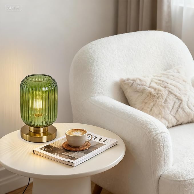 Mid Century Modern Table Lamp: Vintage Green Ribbed Glass Globe Dimmable Plug in Small Bedside Lamps - Cute Brass Gold Side Table Lamp Nightstand Light for Bedroom Entryway Office Desk Living Room - Bloomnest